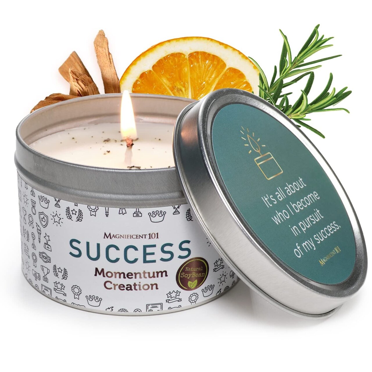 Magnificent 101 Long Lasting Momentum Creation Aromatherapy Tin Candle for Success | 6 Oz - 35 Hour Burn | Sage, Bergamot & Sandalwood Scented, Made of Soy Wax for Energy Cleansing & Manifestation